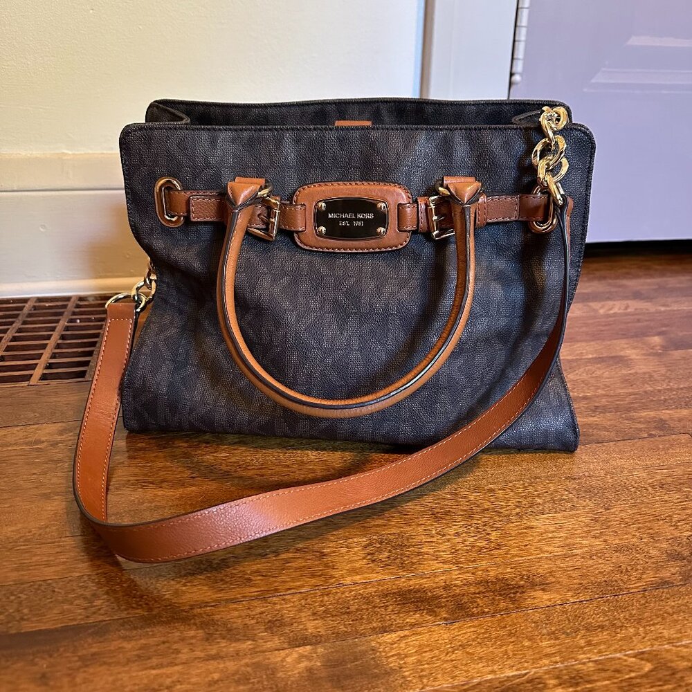 Michael Kors Dark Brown Signature Coated Canvas Large East West Hamilton Tote